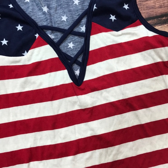 <<American Flag Cross Cross Strappy Front Bodysuit - Picture 4 of 6